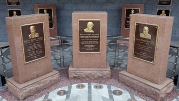 NEW YORK - MAY 02: The monuments of (L-R) Lou Gehrig, Miller Huggins, and Babe Ruth are seen in Monument Park at Yankee Stadium prior to game between the New York Yankees and the Chicago White Sox on May 2, 2010 in the Bronx borough of New York City. The Yankees defeated the White Sox 12-3. (Photo by Jim McIsaac/Getty Images)