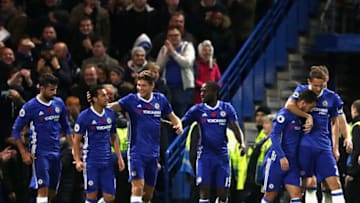 LONDON, ENGLAND - NOVEMBER 05: Pedro of Chelsea celebrates scoring his sides fifth goal with his Chelsea team mates during the Premier League match between Chelsea and Everton at Stamford Bridge on November 5, 2016 in London, England. (Photo by Julian Finney/Getty Images)