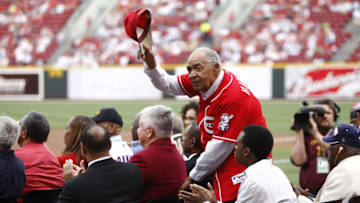 CINCINNATI - MAY 15: Cincinnati Reds great Chuck Harmon acknowledges the crowd prior to the 2010 Major League Baseball Civil Rights Game between the St. Louis Cardinals and the Cincinnati Reds on Saturday, May 15, 2010, at Great American Ballpark in Cincinnati, Ohio. The Reds defeated the Cardinals 4-3. (Photo by John Grieshop/MLB Photos via Getty Images)