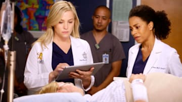 GREY'S ANATOMY - "Jukebox Hero" - Richard and the attendings set out to make Eliza's first day at Grey Sloan a bumpy one. Meanwhile, Meredith tries to track down Alex, on "Grey's Anatomy," THURSDAY, FEBRUARY 2 (8:00-9:01 p.m. EST), on the ABC Television Network. (ABC/Nicole Wilder)JESSICA CAPSHAW, KELLY MCCREARY
