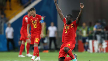 ROSTOV-ON-DON, RUSSIA - JULY 02: Romelu Lukaku of Belgium sinks to his knees in celebration at the final whistle following the 2018 FIFA World Cup Russia Round of 16 match between Belgium and Japan at Rostov Arena on July 2, 2018 in Rostov-on-Don, Russia. (Photo by Kevin C. Cox/Getty Images)