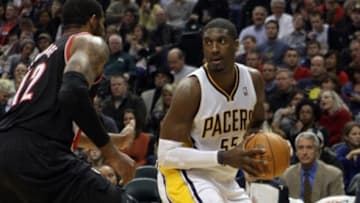 Dec 5, 2012; Indianapolis, IN, USA; Indiana Pacers center Roy Hibbert (55) set to pass the ball against the Portland Trail Blazers during the second half at Bankers Life Fieldhouse. Indiana won 99-92. Mandatory Credit: Pat Lovell-USA TODAY Sports