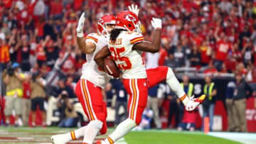 Dec 7, 2014; Glendale, AZ, USA; Kansas City Chiefs running back Jamaal Charles (25) celebrates after scoring a touchdown in the second quarter against the Arizona Cardinals at University of Phoenix Stadium. Mandatory Credit: Mark J. Rebilas-USA TODAY Sports