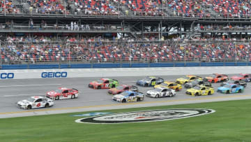 May 1, 2016; Talladega, AL, USA; NASCAR Sprint Cup Series driver Trevor Bayne (6) and Kyle Larson (42) race ahead of the pack during the GEICO 500 at Talladega Superspeedway. Mandatory Credit: Jasen Vinlove-USA TODAY Sports