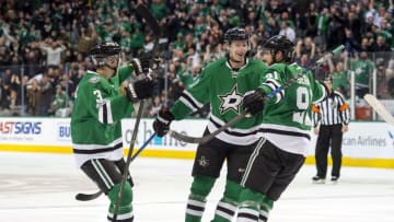 Jan 4, 2017; Dallas, TX, USA; Dallas Stars defenseman John Klingberg (3) and defenseman Esa Lindell (23) and center Tyler Seguin (91) celebrate Lindell