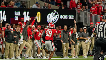 Georgia Bulldogs defensive back Christopher Smith returns a blocked field goal for a touchdown against the LSU Tigers during the SEC Championship Game at Mercedes-Benz Stadium. (Mandatory Credit: Dale Zanine-USA TODAY Sports)