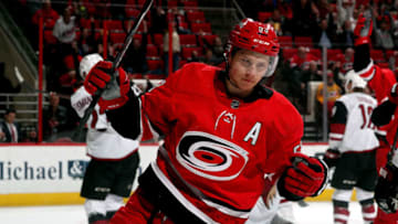 RALEIGH, NC - MARCH 22: Jeff Skinner #53 of the Carolina Hurricanes celebrates his second goal of the game against the Arizona Coyotes during an NHL game on March 22, 2018 at PNC Arena in Raleigh, North Carolina. (Photo by Gregg Forwerck/NHLI via Getty Images)