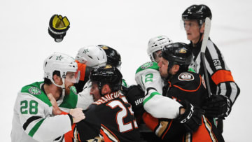 ANAHEIM, CA - FEBRUARY 21: Dallas Stars defenseman Stephen Johns (28) and center Radek Faksa (12) get into a fight with Anaheim Ducks defenseman Francois Beauchemin (23) and captain Ryan Getzlaf (15) after the Ducks defeated the Dallas Stars 2 to 0 in a game played on February 21, 2018 at the Honda Center in Anaheim, CA. (Photo by John Cordes/Icon Sportswire via Getty Images)