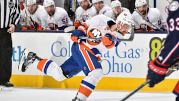 COLUMBUS, OH - FEBRUARY 25: Calvin de Haan #44 of the New York Islanders skates against the Columbus Blue Jackets on February 25, 2017 at Nationwide Arena in Columbus, Ohio. (Photo by Jamie Sabau/NHLI via Getty Images)