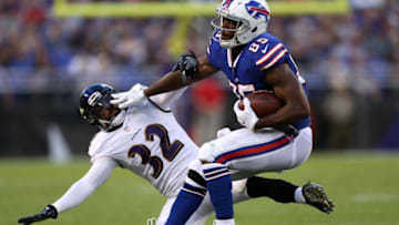 BALTIMORE, MD - AUGUST 26: Running back LeSean McCoy #25 of the Buffalo Bills stiff arms strong safety Eric Weddle #32 of the Baltimore Ravens in the first half during a preseason game at M&T Bank Stadium on August 26, 2017 in Baltimore, Maryland. (Photo by Patrick Smith/Getty Images)