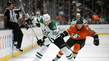 April 3, 2016; Anaheim, CA, USA; Dallas Stars center Jason Spezza (90) shoots ahead of Anaheim Ducks left wing Ryan Garbutt (16)during the third period at Honda Center. Mandatory Credit: Gary A. Vasquez-USA TODAY Sports