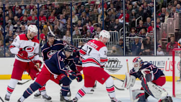 COLUMBUS, OH - MARCH 15: Columbus Blue Jackets goaltender Sergei Bobrovsky (72) deflects a shot from Carolina Hurricanes right wing Andrei Svechnikov (37) in a game between the Columbus Blue Jackets and the Carolina Hurricanes on March 15, 2019 at Nationwide Arena in Columbus, OH. (Photo by Adam Lacy/Icon Sportswire via Getty Images)