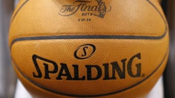 Jun 9, 2013; Miami, FL, USA; General view of the Finals logo on a basketball prior to game two of the 2013 NBA Finals between the Miami Heat and the San Antonio Spurs at the American Airlines Arena. Mandatory Credit: Derick E. Hingle-USA TODAY Sports