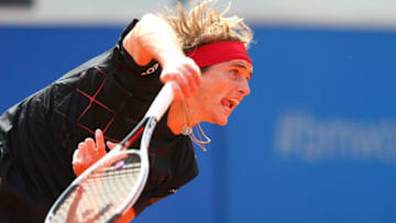 MUNICH, GERMANY - MAY 05: Alexander Zverev of Germany plays a serves during the semifinal match against Hyeon Chung of Korea on day 8 of the BMW Open by FWU at MTTC IPHITOS on May 5, 2018 in Munich, Germany. (Photo by Alexander Hassenstein/Getty Images for BMW)