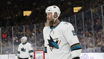 BOSTON, MA - OCTOBER 29: San Jose Sharks center Joe Thornton (19) during a game between the Boston Bruins and the San Jose Sharks on October 29, 2019, at TD Garden in Boston, Massachusetts. (Photo by Fred Kfoury III/Icon Sportswire via Getty Images)
