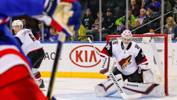 NEW YORK, NY - OCTOBER 22: Arizona Coyotes goaltender Darcy Kuemper (35) prepares to make save during the Arizona Coyotes and New York Rangers NHL game on October 22, 2019, at Madison Square Garden in New York, NY. (Photo by John Crouch/Icon Sportswire via Getty Images)