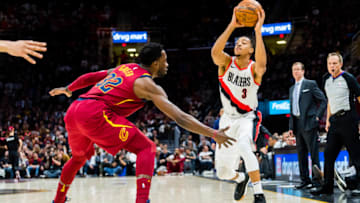 CLEVELAND, OH - JANUARY 2: Jeff Green #32 of the Cleveland Cavaliers guards CJ McCollum #3 of the Portland Trail Blazers during the second half at Quicken Loans Arena on January 2, 2018 in Cleveland, Ohio. The Cavaliers defeated the Trail Blazers 127-110. NOTE TO USER: User expressly acknowledges and agrees that, by downloading and or using this photograph, User is consenting to the terms and conditions of the Getty Images License Agreement. (Photo by Jason Miller/Getty Images)