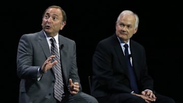 Sep 9, 2015; Toronto, Ontario, Canada; NHL commissioner Gary Bettman and NHLPA executive director Donald Fehr appear on stage together during a press conference and media event for the 2016 World Cup of Hockey at Air Canada Centre. Mandatory Credit: Tom Szczerbowski-USA TODAY Sports