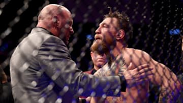 Las Vegas , United States - 6 October 2018; Conor McGregor in conversation with UFC President Dana White following defeat to Khabib Nurmagomedov in their UFC lightweight championship fight during UFC 229 at T-Mobile Arena in Las Vegas, Nevada, USA. (Photo By Stephen McCarthy/Sportsfile via Getty Images)
