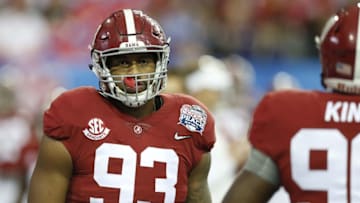 Dec 31, 2016; Atlanta, GA, USA; Alabama Crimson Tide defensive lineman Jonathan Allen (93) looks on during warm-ups prior to the 2016 CFP Semifinal against the Washington Huskies at the Georgia Dome. Mandatory Credit: Jason Getz-USA TODAY Sports