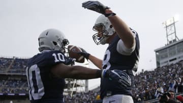 STATE COLLEGE, PA - NOVEMBER 11: Mike Gesicki #88 of the Penn State Nittany Lions celebrates after catching a 16 yard touchdown pass in the fourth quarter against the Rutgers Scarlet Knights at Beaver Stadium on November 11, 2017 in State College, Pennsylvania. (Photo by Justin K. Aller/Getty Images)