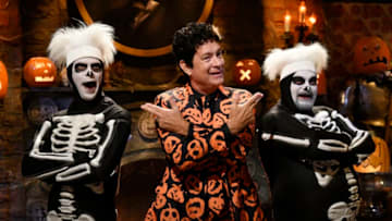 THE DAVID S. PUMPKINS ANIMATED HALLOWEEN SPECIAL -- Pictured: (l-r) Mikey Day as a skeleton dancer, Tom Hanks as David S. Pumpkins, Bobby Moynihan as a skeleton dancer -- (Photo by: Rosalind O'Connor/NBC/NBCU Photo Bank via Getty Images)