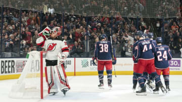 COLUMBUS, OH - JANUARY 18: New Jersey Devils goaltender Cory Schneider (35) takes a drink of water after concede a goal during the game between the Columbus Blue Jackets and the New Jersey Devils at Nationwide Arena in Columbus, Ohio on January 18, 2020. (Photo by Jason Mowry/Icon Sportswire via Getty Images)