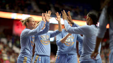 UNCASVILLE, CONNECTICUT- JULY 25: The Chicago Sky team high five before the Connecticut Sun Vs Chicago Sky, WNBA regular season game at Mohegan Sun Arena on July 25, 2017 in Uncasville, Connecticut. (Photo by Tim Clayton/Corbis via Getty Images)