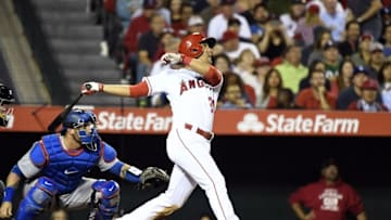 May 18, 2016; Anaheim, CA, USA; Los Angeles Angels left fielder Rafael Ortega (39) hits a double to score a run against the Los Angeles Dodgers during the fifth inning at Angel Stadium of Anaheim. Mandatory Credit: Richard Mackson-USA TODAY Sports