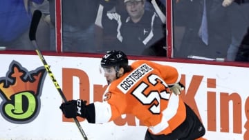 Dec 15, 2015; Philadelphia, PA, USA; Philadelphia Flyers defenseman Shayne Gostisbehere (53) celebrates scoring the game winning goal against the Carolina Hurricanes during overtime at Wells Fargo Center. The Flyers defeated the Hurricanes, 4-3 in overtime. Mandatory Credit: Eric Hartline-USA TODAY Sports