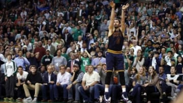 Apr 23, 2015; Boston, MA, USA; Cleveland Cavaliers forward Kevin Love (0) shoots for three points against the Boston Celtics during the second half in game three of the first round of the NBA Playoffs at TD Garden. The Cavaliers defeated the Celtics 103-95. Mandatory Credit: David Butler II-USA TODAY Sports