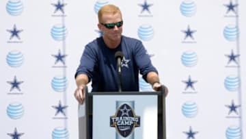 Aug 12, 2014; Oxnard, CA, USA; Dallas Cowboys coach Jason Garrett at a press conference at training camp at River Ridge Fields. Mandatory Credit: Kirby Lee-USA TODAY Sports