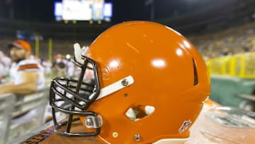 Aug 12, 2016; Green Bay, WI, USA; A Cleveland Browns helmet during the game against the Green Bay Packers at Lambeau Field. Green Bay won 17-11. Mandatory Credit: Jeff Hanisch-USA TODAY Sports