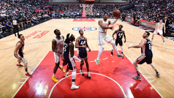 LOS ANGELES, CA - MARCH 3: Dennis Smith Jr. #5 of the New York Knicks shoots a layup against the LA Clippers on March 3, 2019 at STAPLES Center in Los Angeles, California. NOTE TO USER: User expressly acknowledges and agrees that, by downloading and/or using this Photograph, user is consenting to the terms and conditions of the Getty Images License Agreement. Mandatory Copyright Notice: Copyright 2019 NBAE (Photo by Andrew D. Bernstein/NBAE via Getty Images)