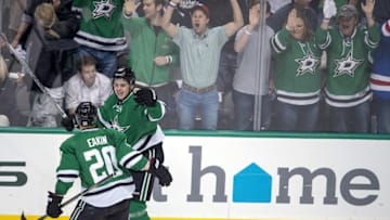 May 1, 2016; Dallas, TX, USA; Dallas Stars center Mattias Janmark (13) and center Cody Eakin (20) celebrate Janmark