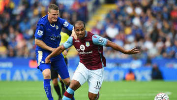 LEICESTER, ENGLAND - SEPTEMBER 13: Gabriel Agbonlahor of Aston Villa evades Robert Huth of Leicester City during the Barclays Premier League match between Leicester City and Aston Villa at the King Power Stadium on September 13, 2015 in Leicester, United Kingdom. (Photo by Michael Regan/Getty Images)