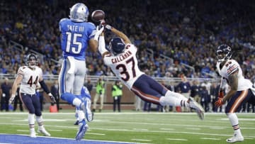 Dec 11, 2016; Detroit, MI, USA; Chicago Bears cornerback Bryce Callahan (37) deflects the ball before it gets to Detroit Lions wide receiver Golden Tate (15) during the fourth quarter at Ford Field. Lions win 20-17. Mandatory Credit: Raj Mehta-USA TODAY Sports