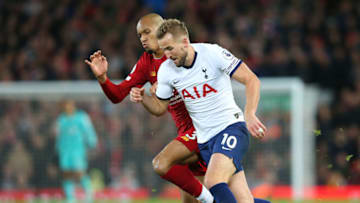 LIVERPOOL, ENGLAND - OCTOBER 27: Harry Kane of Tottenham Hotspur takes on Fabinho of Liverpool during the Premier League match between Liverpool FC and Tottenham Hotspur at Anfield on October 27, 2019 in Liverpool, United Kingdom. (Photo by Alex Livesey/Getty Images)