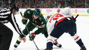 ST. PAUL, MN - FEBRUARY 15: Minnesota Wild Center Mikko Koivu (9) and Washington Capitals Center Nicklas Backstrom (19) face-off during a NHL game between the Minnesota Wild and Washington Capitals on February 15, 2018 at Xcel Energy Center in St. Paul, MN. The Capitals defeated the Wild 5-2. (Photo by Nick Wosika/Icon Sportswire via Getty Images)