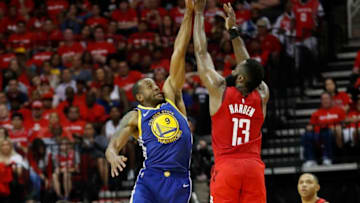 Andre Iguodala, 3-point shot by James Harden NBA Playoffs (Photo by Tim Warner/Getty Images)