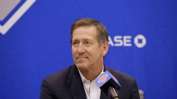 GREENBURG, NY - JULY 17: New York Knicks team President, Steve Mills and Jeff Hornacek of the New York Knicks introduce General Manager Scott Perry at a pess conference at the at Knicks Practice Center July 17, 2017 in Greenburg, New York. Copyright 2017 NBAE (Photo by Steven Freeman/NBAE via Getty Images)