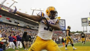 Jan 1, 2014; Tampa, Fl, USA; LSU Tigers running back Jeremy Hill (33) reacts and celebrates after he scored a touchdown against the Iowa Hawkeyes during the second half at Raymond James Stadium. LSU Tigers defeated the Iowa Hawkeyes 21-14. Mandatory Credit: Kim Klement-USA TODAY Sports