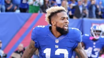 Oct 16, 2016; East Rutherford, NJ, USA; New York Giants wide receiver Odell Beckham Jr. (13) reacts after scoring a touchdown against the Baltimore Ravens during the fourth quarter at MetLife Stadium. Mandatory Credit: Brad Penner-USA TODAY Sports