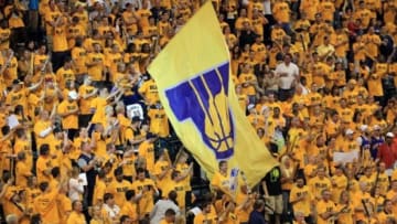 May 18, 2013; Indianapolis, IN, USA; Indiana Pacers mascot Boomer takes a giant Pacer flag into the crowd in game six of the second round of the 2013 NBA Playoffs against the New York Knicks at Bankers Life Fieldhouse. The Pacers won 106-99.Mandatory Credit: Pat Lovell-USA TODAY Sports