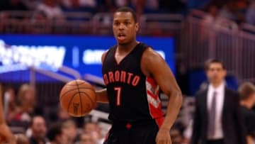 Apr 10, 2015; Orlando, FL, USA; Toronto Raptors guard Kyle Lowry (7) drives to the basket against the Orlando Magic during the first quarter at Amway Center. Mandatory Credit: Kim Klement-USA TODAY Sports