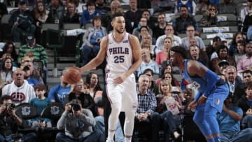DALLAS, TX - OCTOBER 28: Ben Simmons #25 of the Philadelphia 76ers handles the ball against the Dallas Mavericks on October 28, 2017 at the American Airlines Center in Dallas, Texas. NOTE TO USER: User expressly acknowledges and agrees that, by downloading and or using this photograph, User is consenting to the terms and conditions of the Getty Images License Agreement. Mandatory Copyright Notice: Copyright 2017 NBAE (Photo by Glenn James/NBAE via Getty Images)