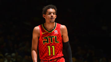 PHILADELPHIA, PA - JANUARY 11: Trae Young #11 looks on during the game against the Philadelphia 76ers on January 11, 2019 at the Wells Fargo Center in Philadelphia, Pennsylvania NOTE TO USER: User expressly acknowledges and agrees that, by downloading and/or using this Photograph, user is consenting to the terms and conditions of the Getty Images License Agreement. Mandatory Copyright Notice: Copyright 2019 NBAE (Photo by Jesse D. Garrabrant/NBAE via Getty Images)