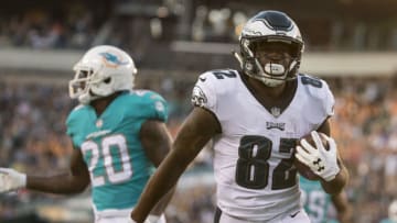 PHILADELPHIA, PA - AUGUST 24: Torrey Smith #82 of the Philadelphia Eagles scores a touchdown against Reshad Jones #20 of the Miami Dolphins in the first quarter of the preseason game at Lincoln Financial Field on August 24, 2017 in Philadelphia, Pennsylvania. (Photo by Mitchell Leff/Getty Images)