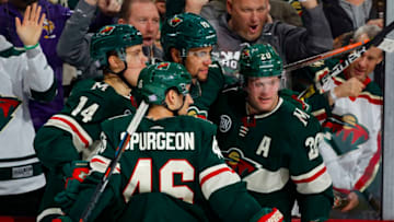 ST. PAUL, MN - NOVEMBER 21: Jared Spurgeon #46 of the Minnesota Wild, Joel Eriksson Ek #14 of the Minnesota Wild and Ryan Suter #20 of the Minnesota Wild congratulate Jordan Greenway #18 of the Minnesota Wild on his 1st period goal during a game with the Ottawa Senators at Xcel Energy Center on November 21, 2018 in St. Paul, Minnesota.(Photo by Bruce Kluckhohn/NHLI via Getty Images)