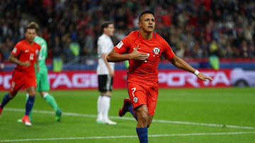 KAZAN, RUSSIA - JUNE 22: Alexis Sanchez of Chile celebrates scoring his sides first goal during the FIFA Confederations Cup Russia 2017 Group B match between Germany and Chile at Kazan Arena on June 22, 2017 in Kazan, Russia. (Photo by Ian Walton/Getty Images)